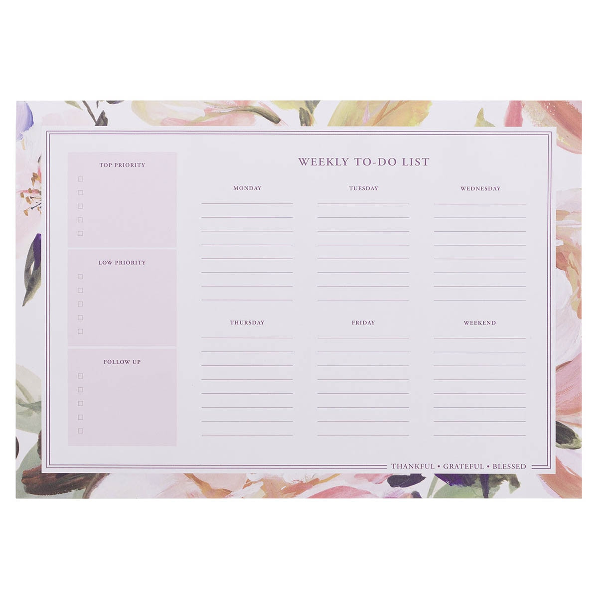 Thankful Grateful Blessed Floral Weekly To-Do List Planner Pad