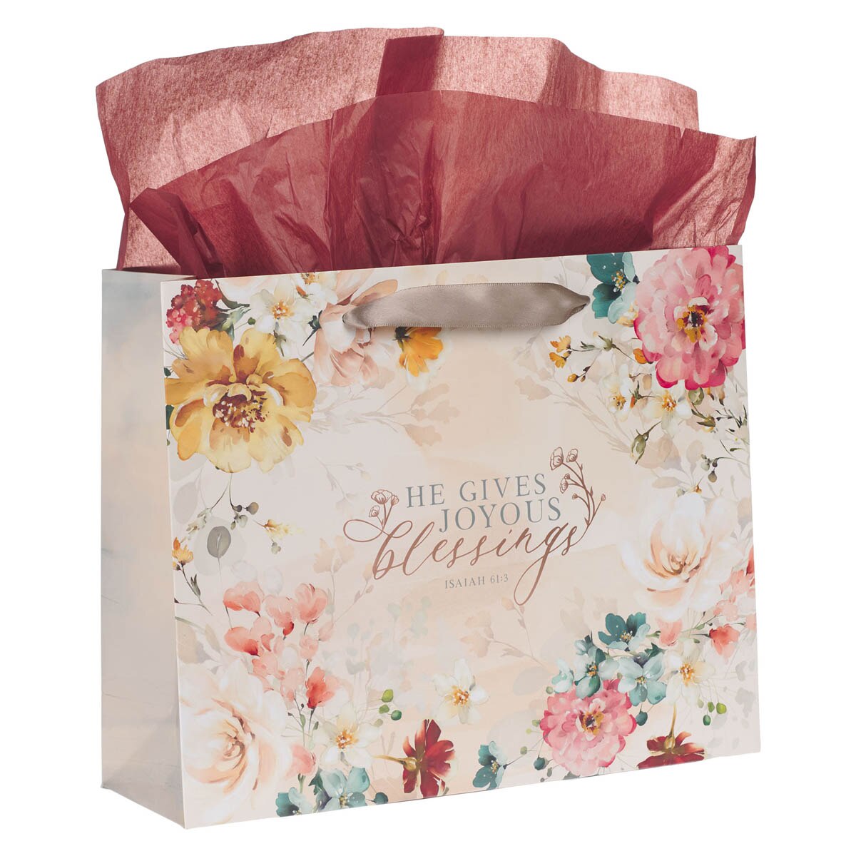 Joyous Blessings Floral Peach Large Landscape Gift Bag Set with Card - Isaiah 61:3 - Image 3