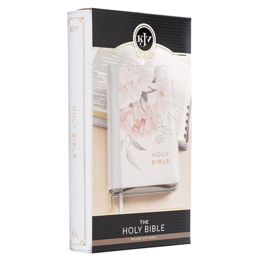 Frosty Gray and Pink Floral Faux Leather King James Version Deluxe Gift Bible with Thumb Index and Zipper Closure