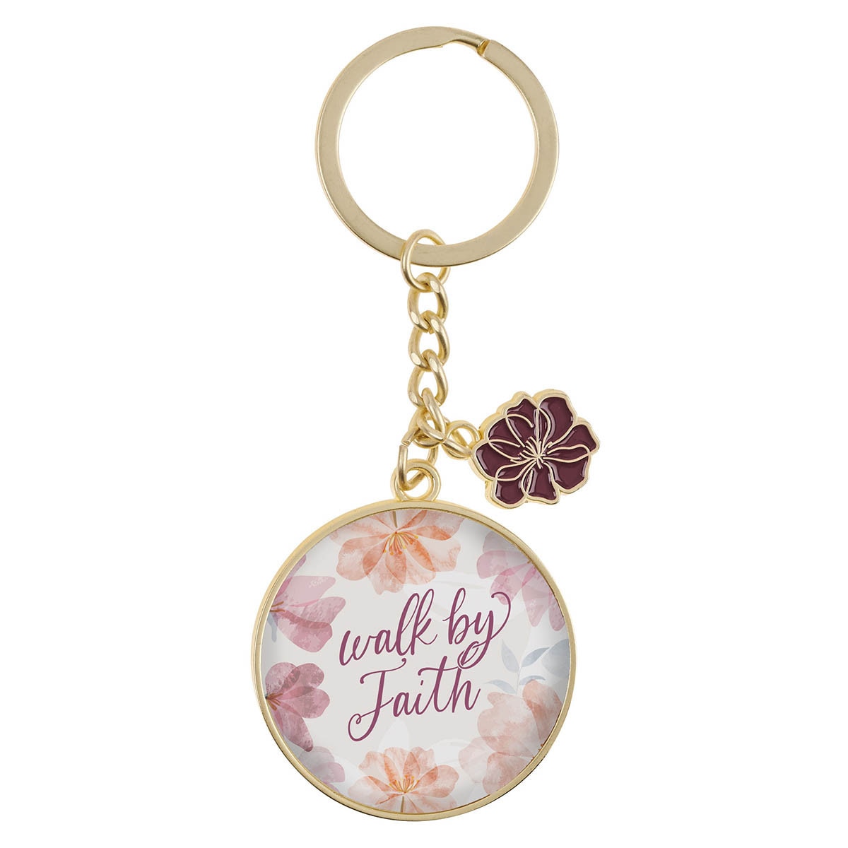 Walk by Faith Pink Cosmos Metal Keychain with Link Chain Medallion - 2 Corinthians 5:7