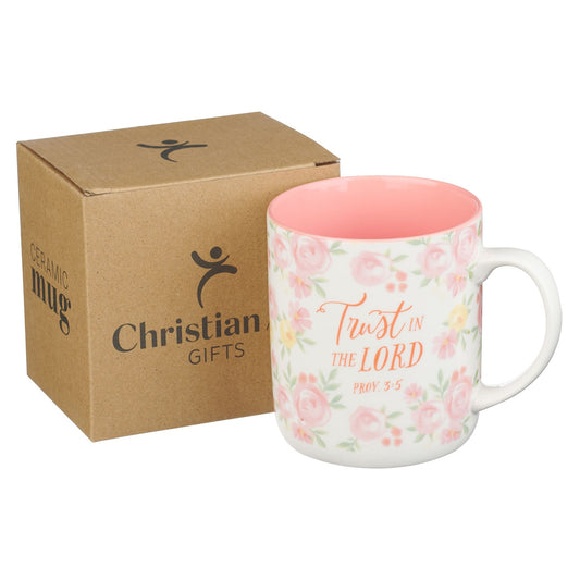 Trust in the Lord Pink Rose Ceramic Coffee Mug - Proverbs 3:5