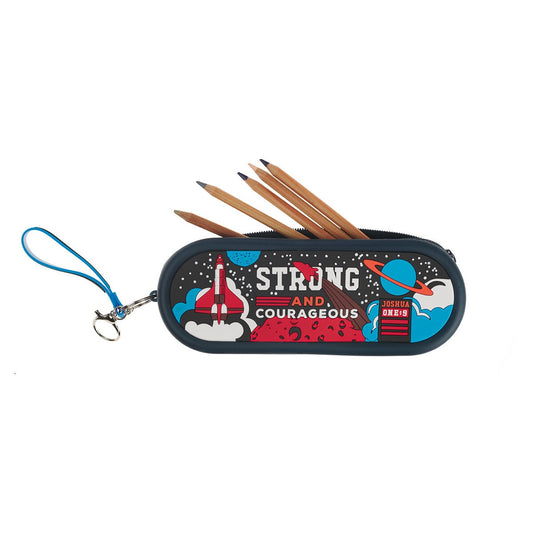 Strong and Courageous Navy Silicone Pencil Case - Joshua 1:9
