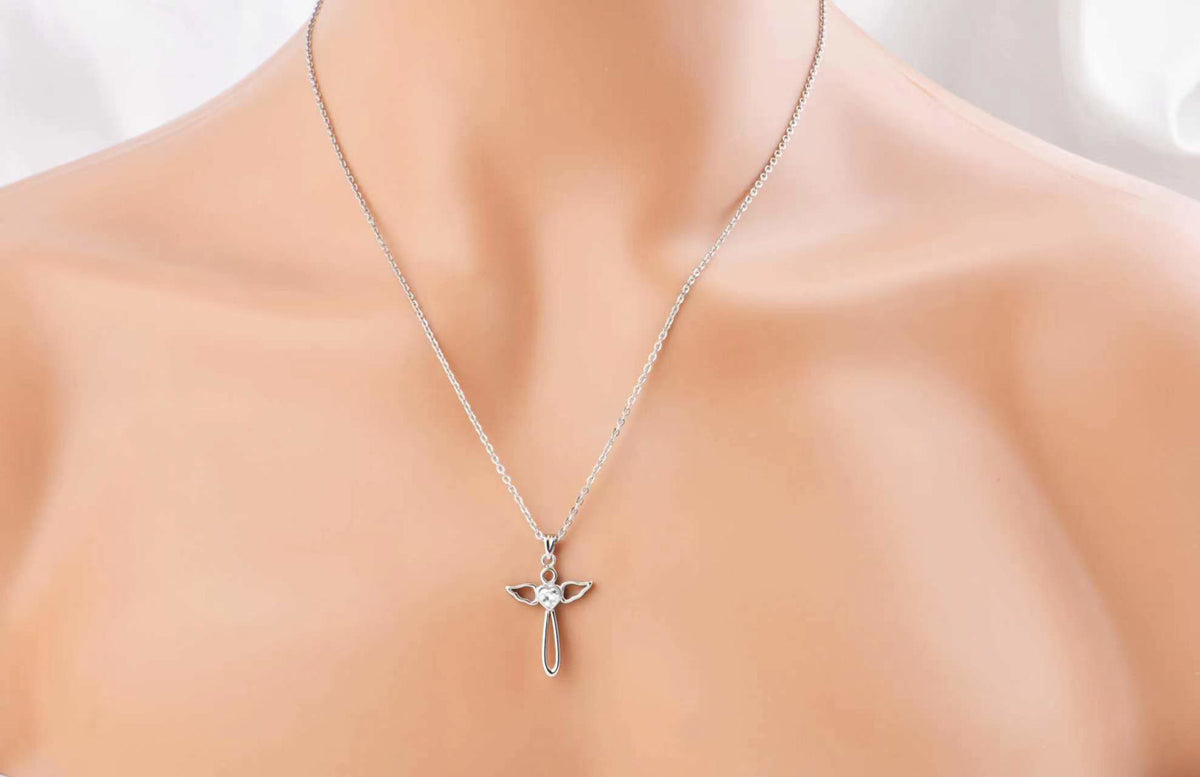 JM Angel Wings Cross with CZ Necklace (Silver)