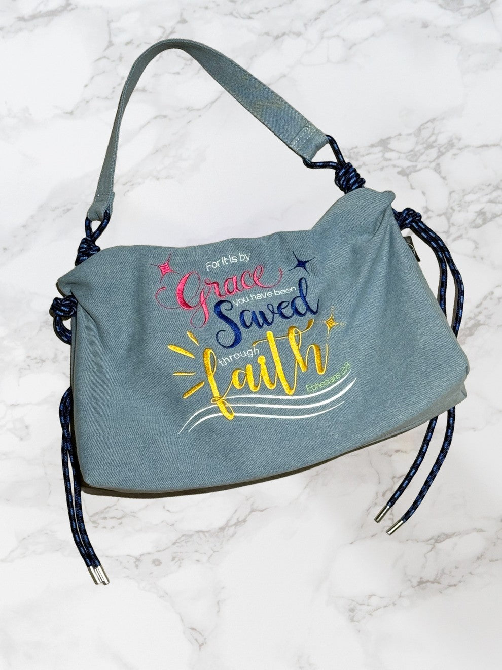Saved by Grace through Faith Handbag – Ephesians 2:8 (Light Blue)