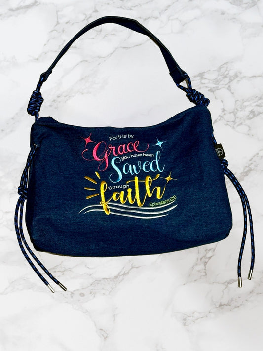 Saved by Grace through Faith Handbag – Ephesians 2:8 (Dark Blue)