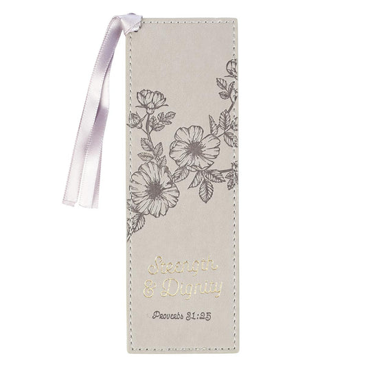 Strength &amp; Dignity Taupe Faux Leather Bookmark – Proverbs 31:25