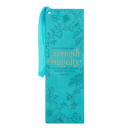 Strength &amp; Dignity Teal Faux Leather Bookmark - Proverbs 31:25