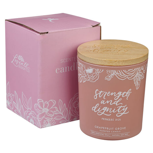 Strength and Dignity Grapefruit Scented Candle in a Peach Glass Jar- Proverbs 31:25