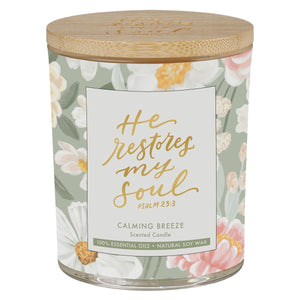 He Restores My Soul Calming Breeze Scented Candle in a Glass Jar - Psalm 23:3