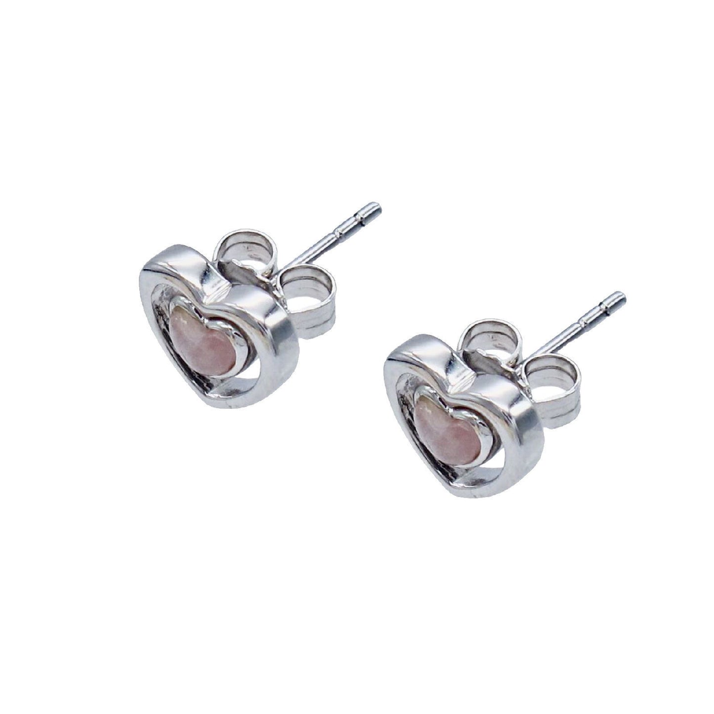 925 Sterling Silver Rose Quartz Heart to Heart Stud Earrings