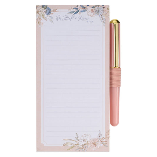 Be Still Peaceful Peach Blossoms Magnetic Notepad and Pen Gift Set - Psalm 46:10