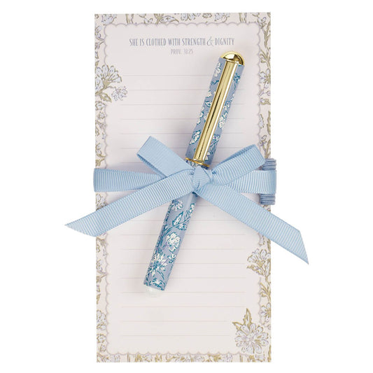 Strength and Dignity Blue Cottage Garden Magnetic Notepad and Pen Gift Set - Proverbs 31:25