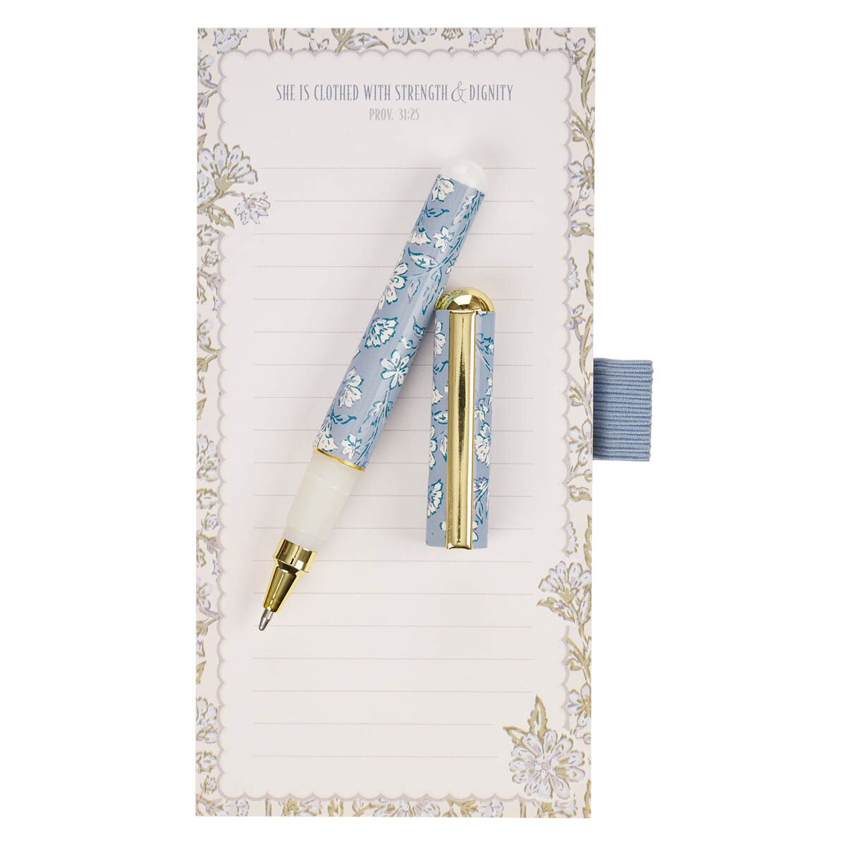 Strength and Dignity Blue Cottage Garden Magnetic Notepad and Pen Gift Set - Proverbs 31:25 - Image 3