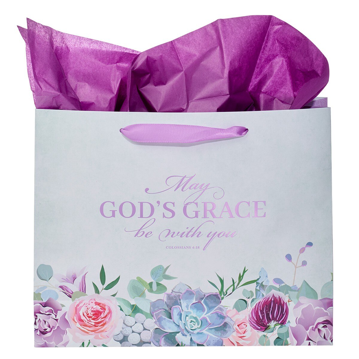 May God's Grace Be With You Purple Succulent Large Landscape Gift Bag with Card - Colossians 4:18 - Image 2