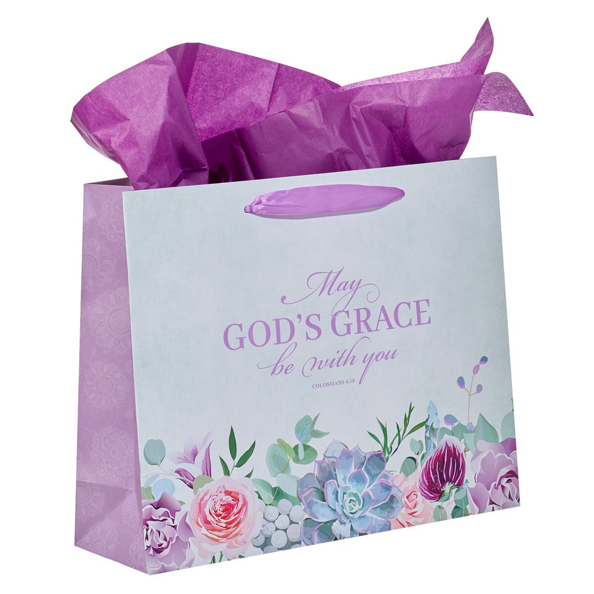 May God's Grace Be With You Purple Succulent Large Landscape Gift Bag with Card - Colossians 4:18 - Image 3