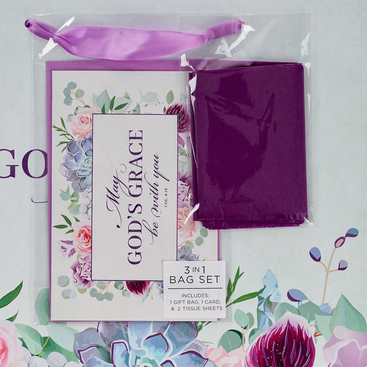 May God's Grace Be With You Purple Succulent Large Landscape Gift Bag with Card - Colossians 4:18 - Image 4