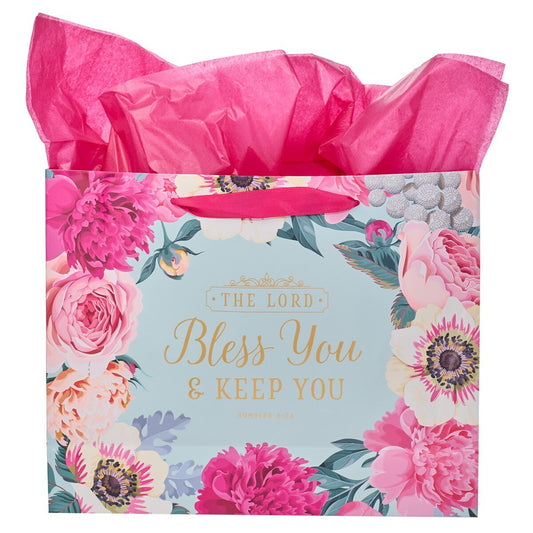 Bless You & Keep You Pink Floral Large Landscape Gift Bag with Card - Numbers 6:24 - Image 2