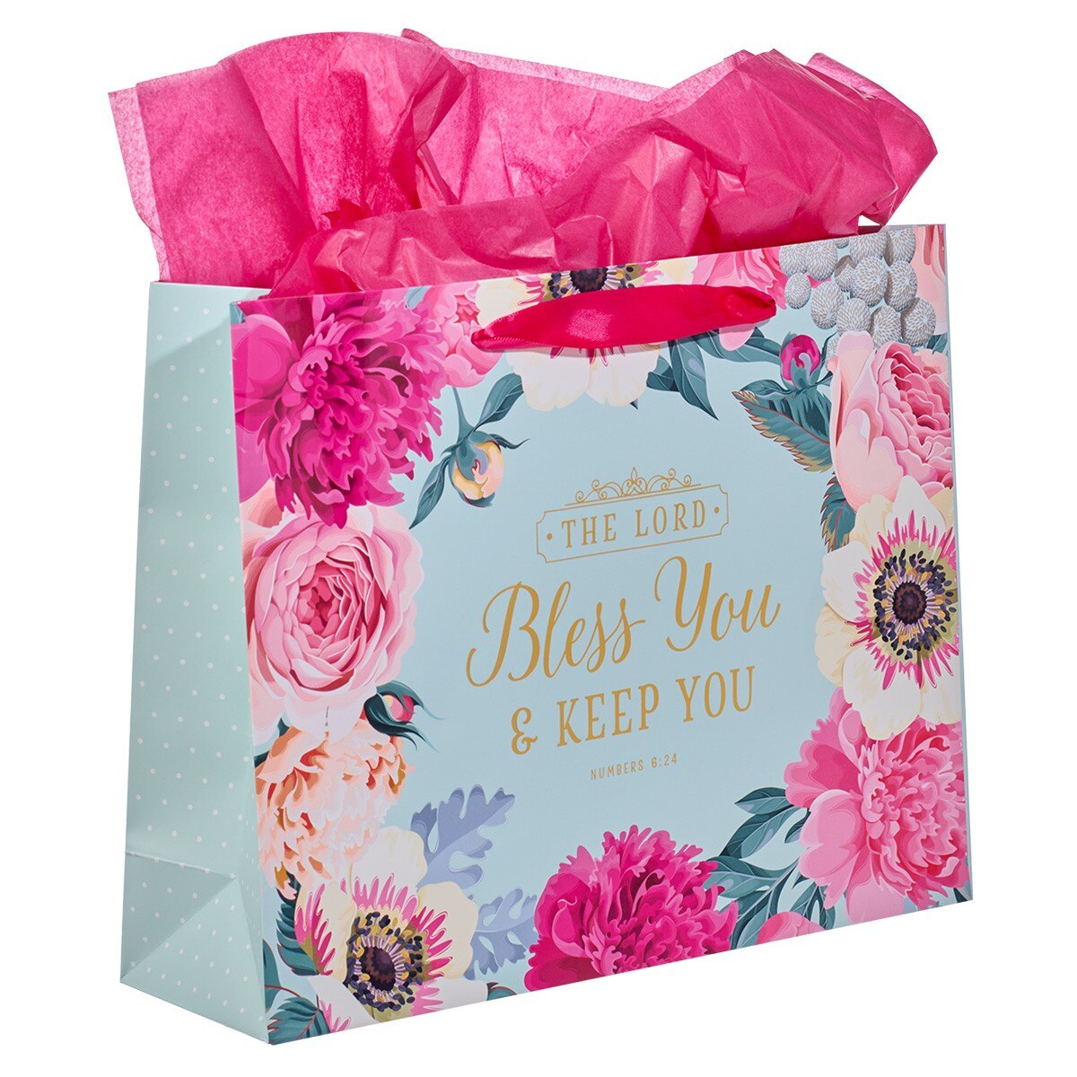 Bless You & Keep You Pink Floral Large Landscape Gift Bag with Card - Numbers 6:24 - Image 3