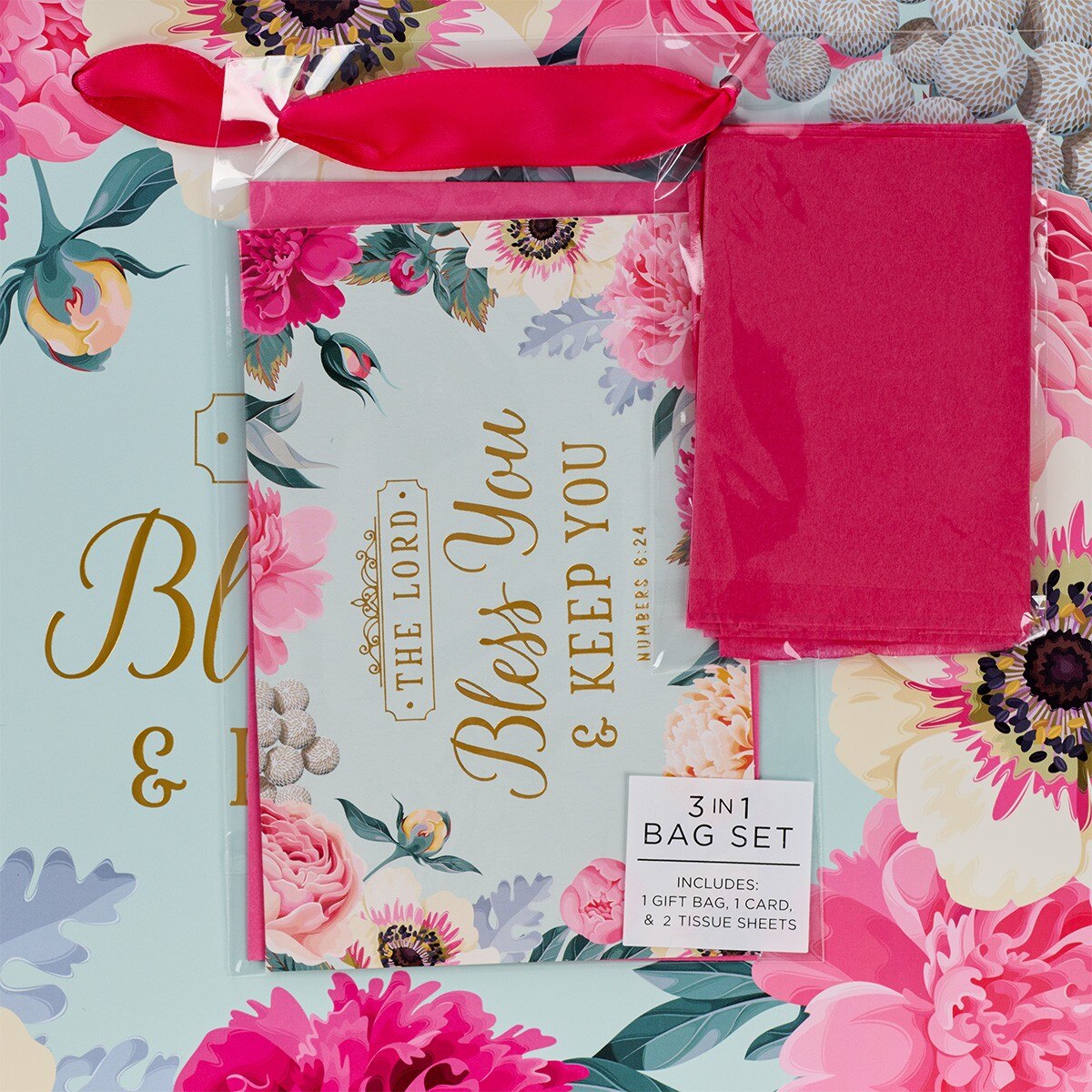 Bless You & Keep You Pink Floral Large Landscape Gift Bag with Card - Numbers 6:24 - Image 4