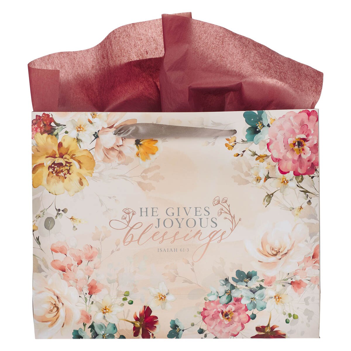 Joyous Blessings Floral Peach Large Landscape Gift Bag Set with Card - Isaiah 61:3 - Image 2