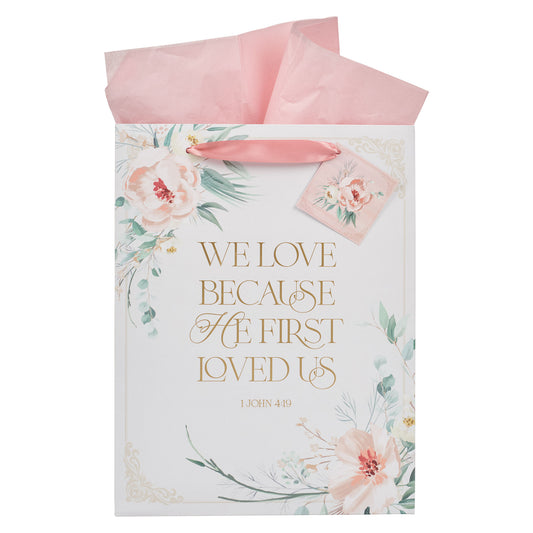 6Love Peachy-pink Floral Large Portrait Gift Bag - 1 John 4:19