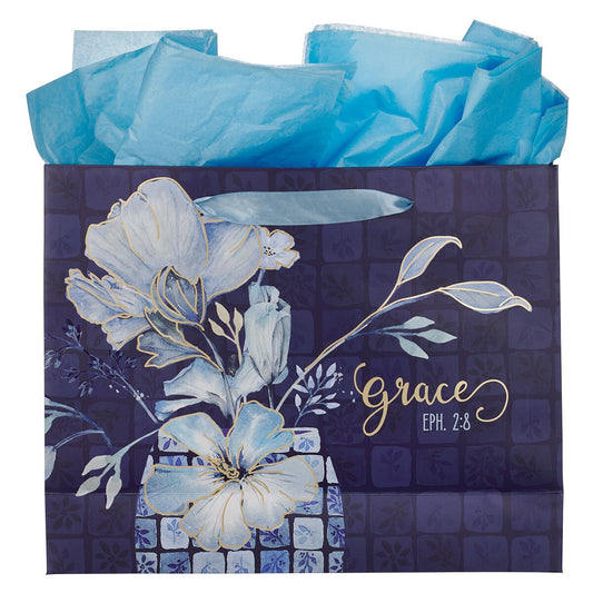 Grace Blue Floral Tile Large Landscape Gift Bag - Ephesians 2:8 - Image 2