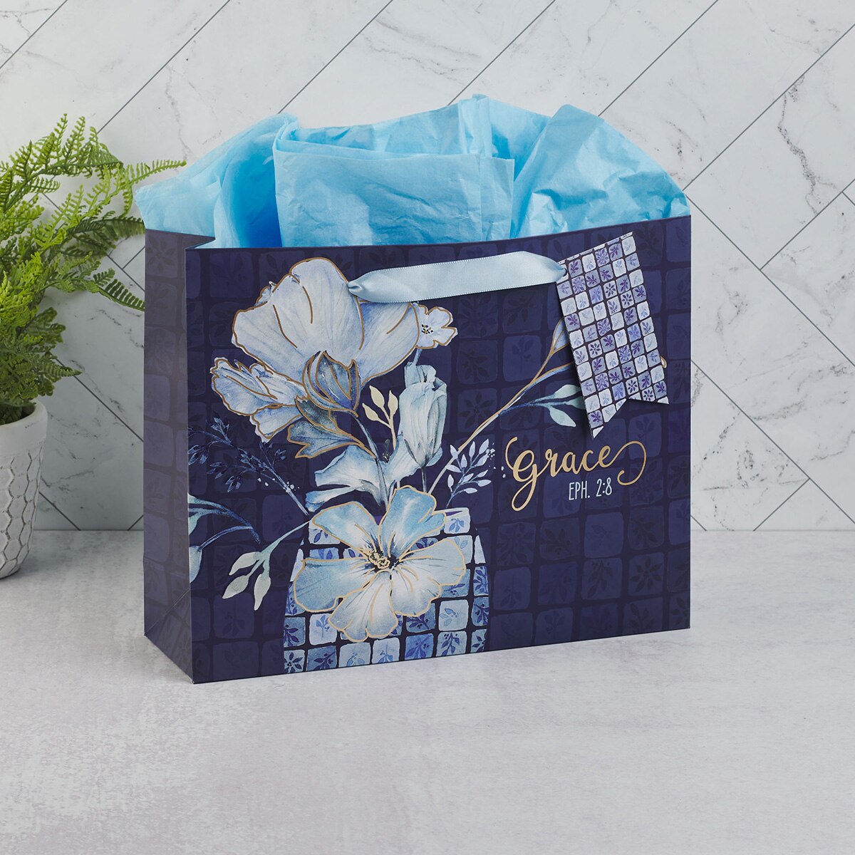Grace Blue Floral Tile Large Landscape Gift Bag - Ephesians 2:8 - Image 3