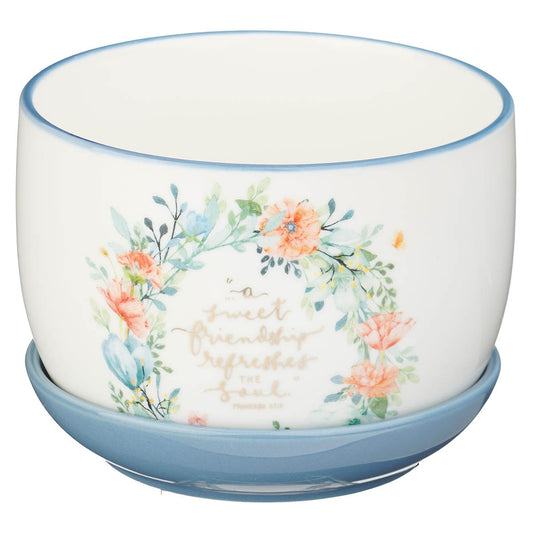 Sweet Friendship Bright Floral Wreath Ceramic Planter with Saucer - Proverbs 27:9 - Image 2