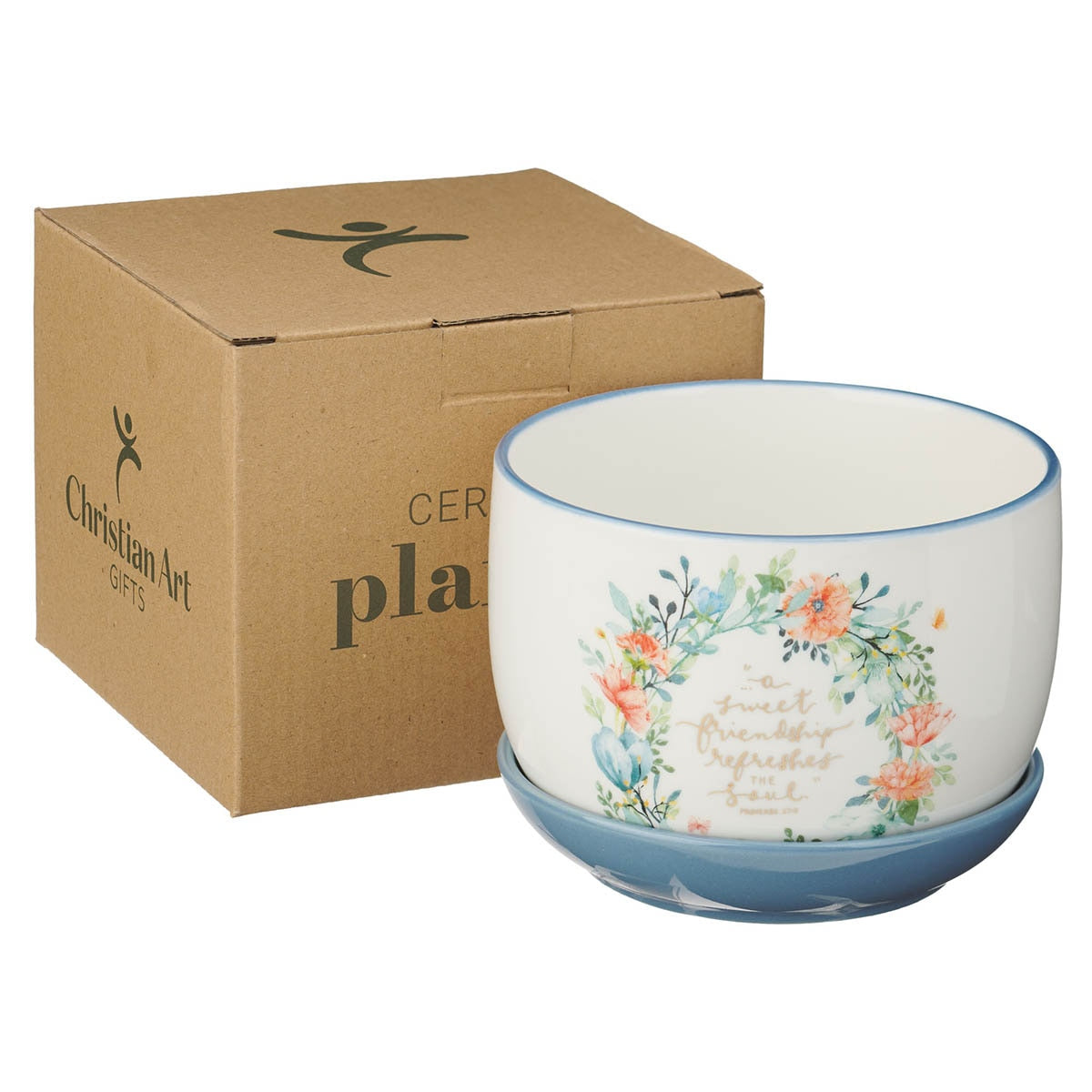 Sweet Friendship Bright Floral Wreath Ceramic Planter with Saucer - Proverbs 27:9 - Image 3