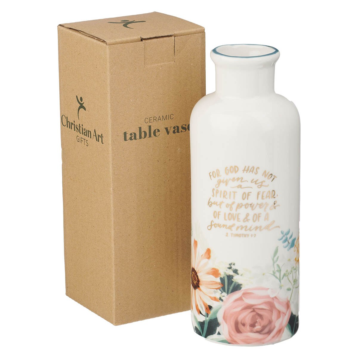 God Has Not Given Us a Spirit of Fear Teal Floral Ceramic Table Vase - Timothy 1:7
