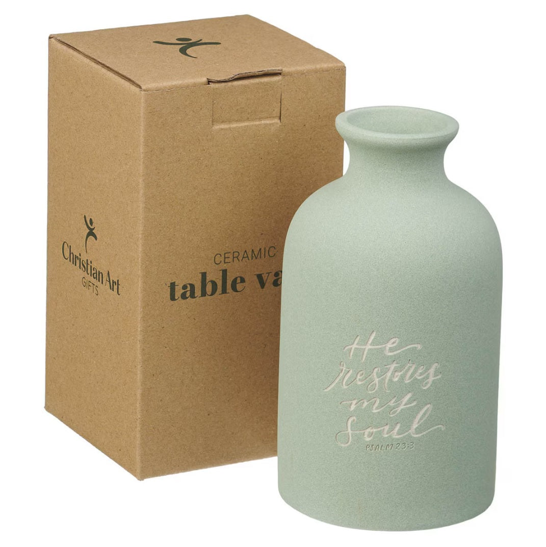 He Restores My Soul Green Garden Ceramic Table Vase - Psalm 23:3