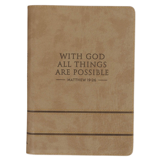 With God All Things Are Possible Tan Faux Leather Journal with Zipper Closure - Matthew 19:26