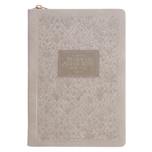 Sufficient Grace Taupe Faux Leather Classic Journal with Zipper Closure - 2 Cor 12:9