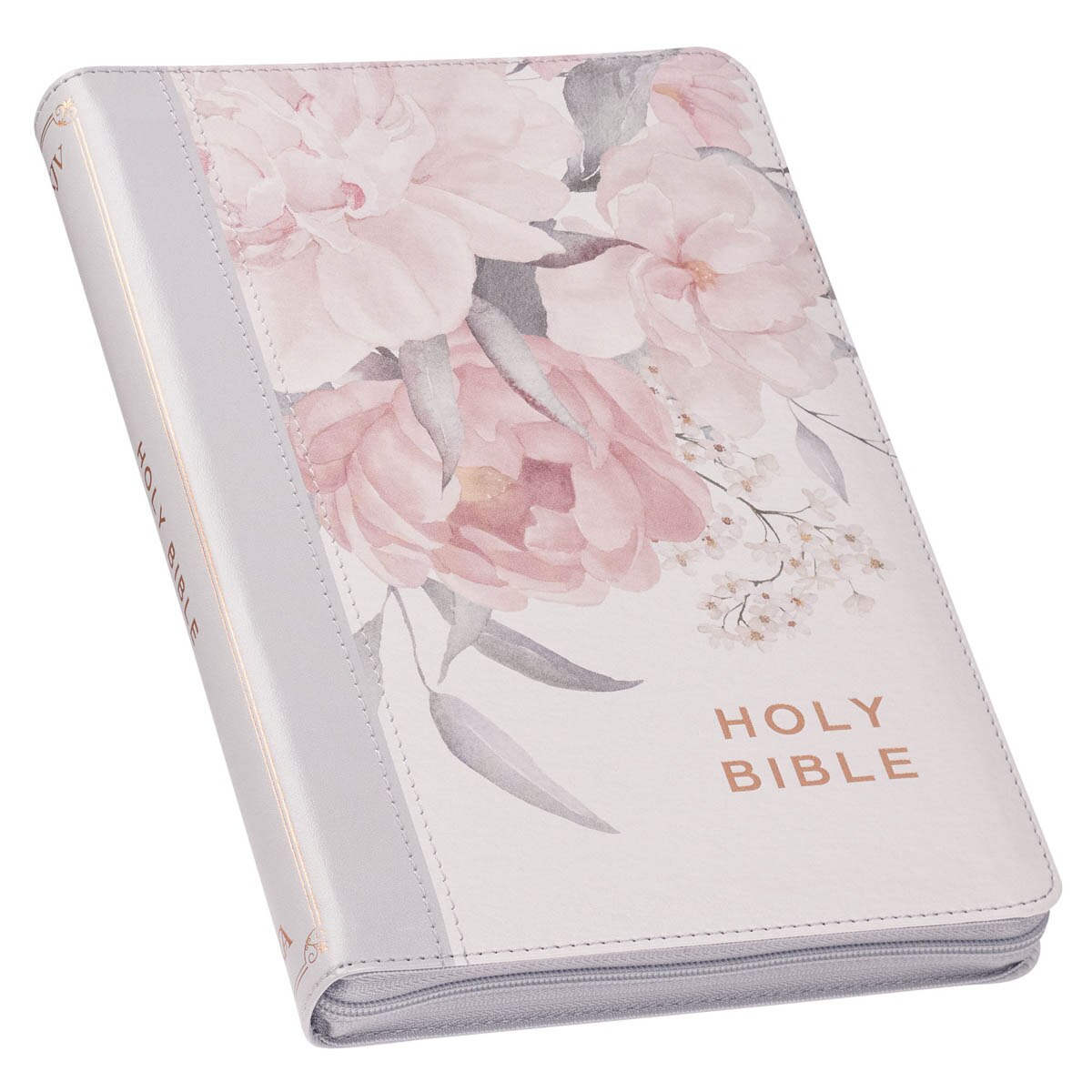 Frosty Gray and Pink Floral Faux Leather King James Version Deluxe Gift Bible with Thumb Index and Zipper Closure
