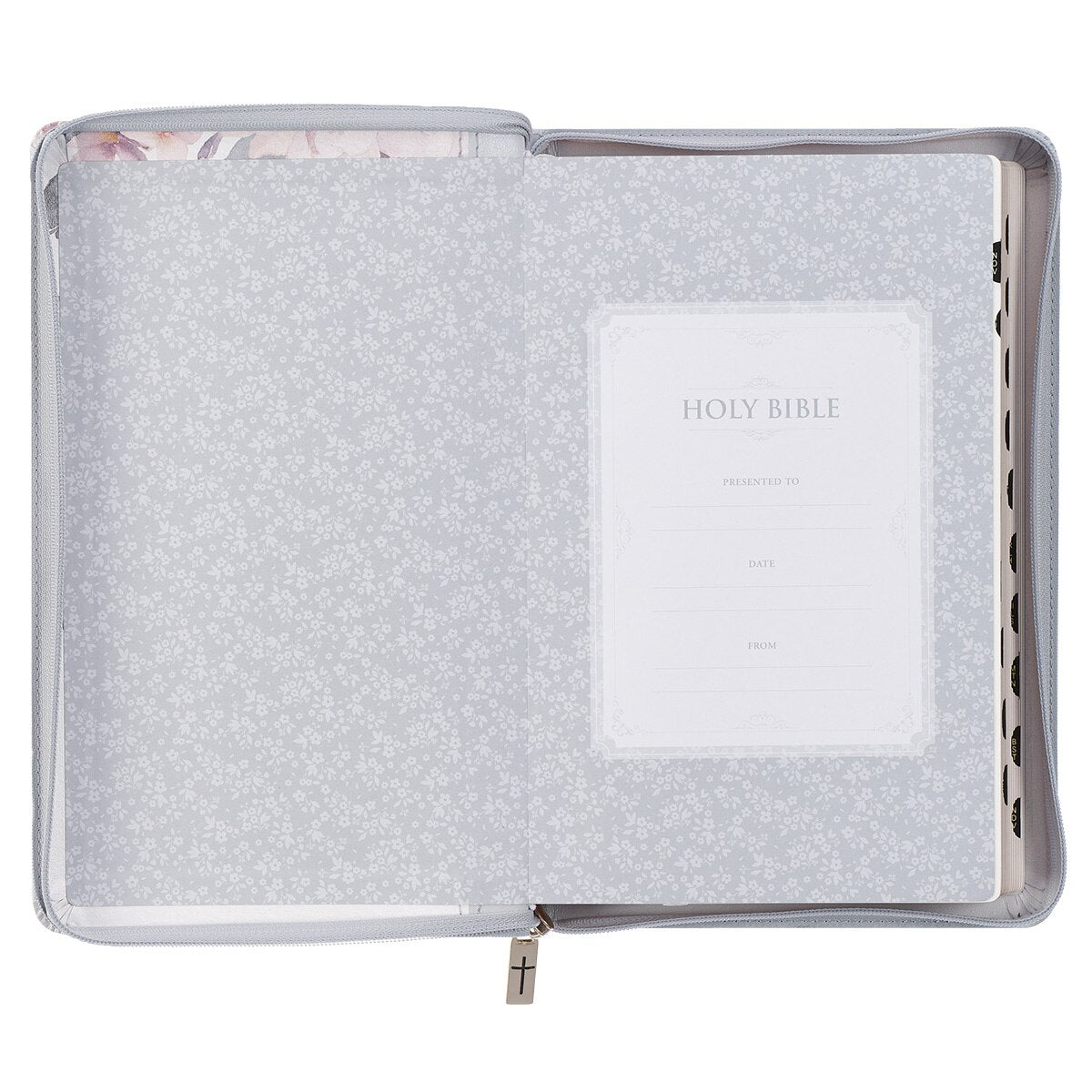 Frosty Gray and Pink Floral Faux Leather King James Version Deluxe Gift Bible with Thumb Index and Zipper Closure