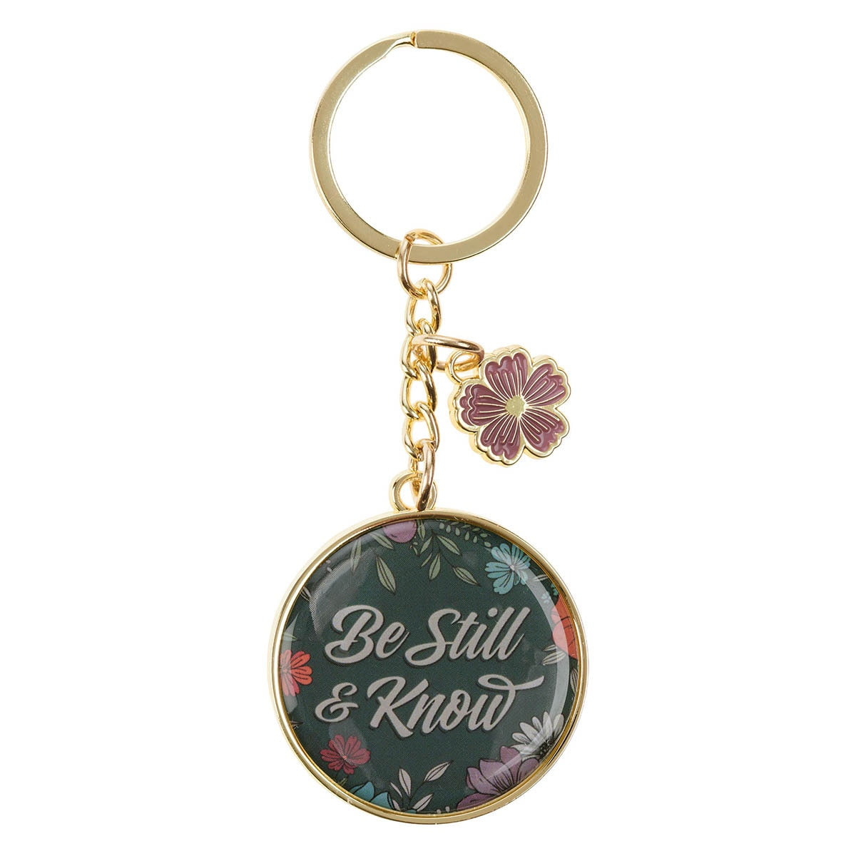 Be Still Teal Botanical Metal Keychain with Link Chain Medallion - Psalm 46:10