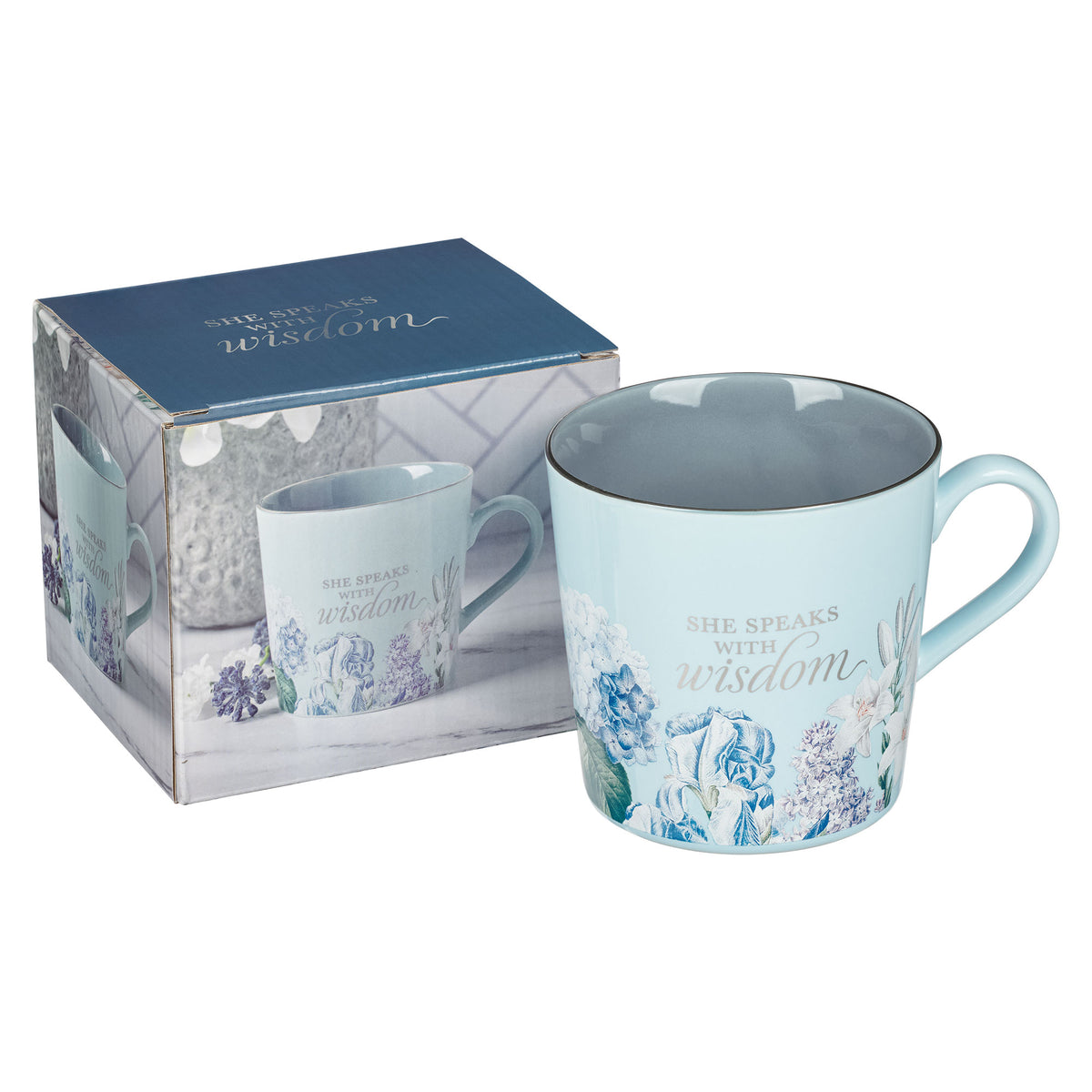 She Speaks with Wisdom Blue Floral Ceramic Coffee Mug - Proverbs 31:26