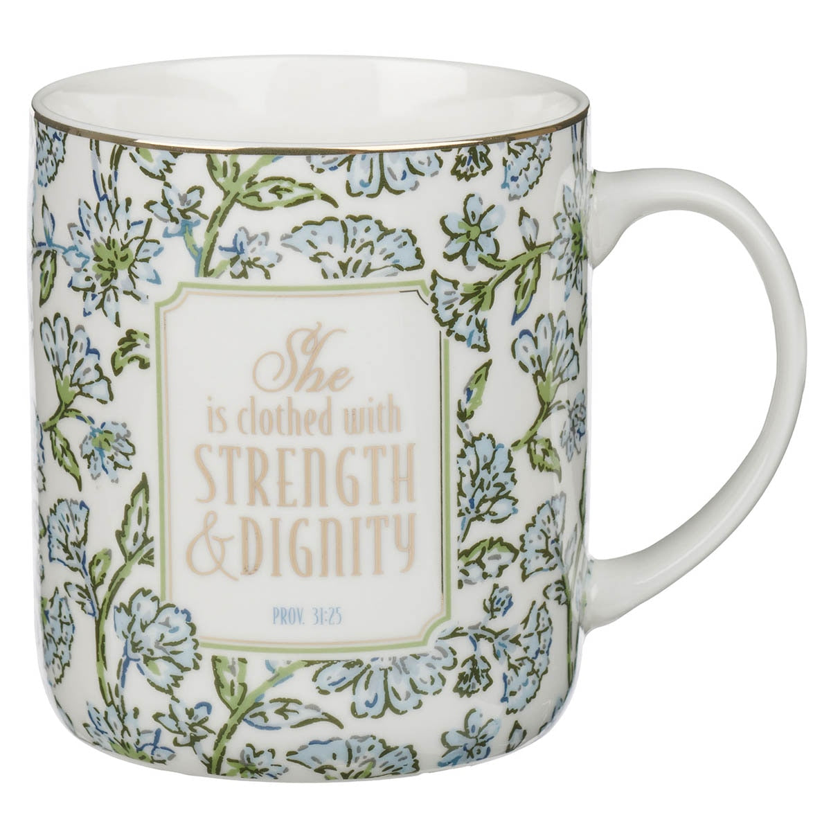 Strength and Dignity Blue Cottage Garden Ceramic Coffee Mug - Proverbs 31:25