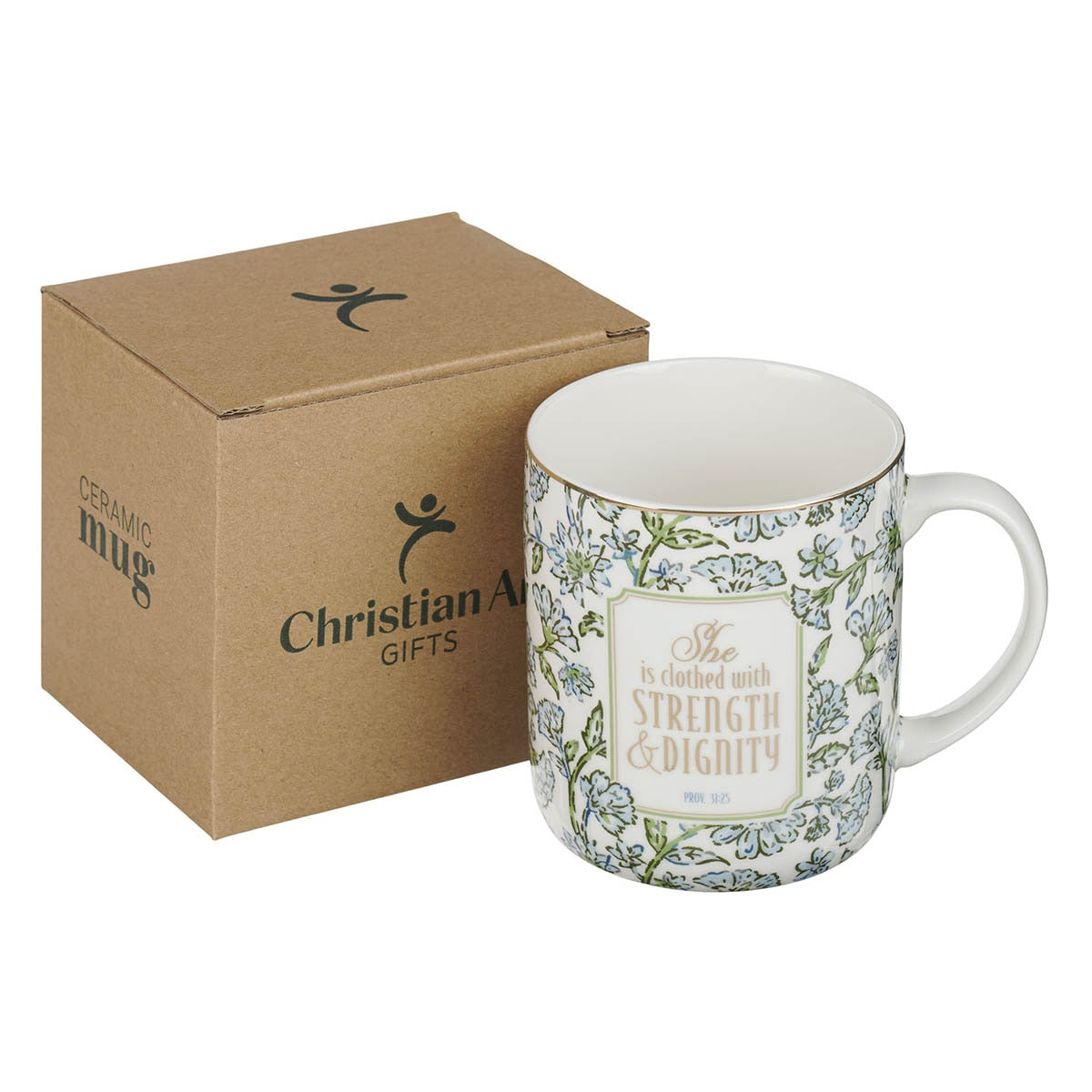 Strength and Dignity Blue Cottage Garden Ceramic Coffee Mug - Proverbs 31:25 - Image 3
