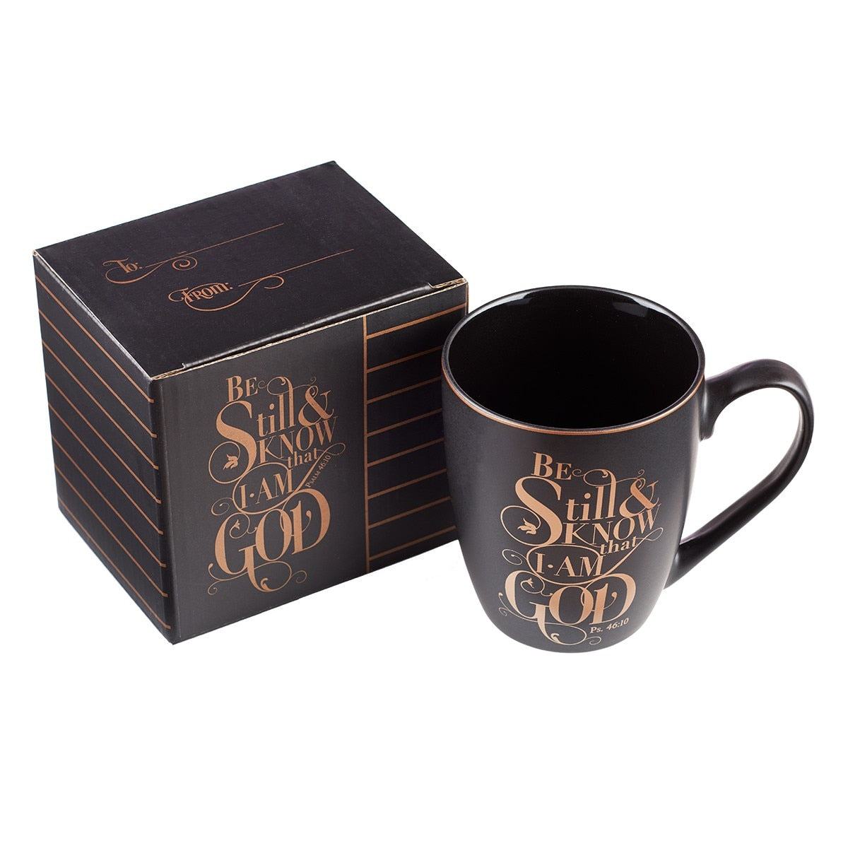 Be Still Matte Black and Metallic Gold Ceramic Coffee Mug - Psalm 46:10 - Image 3