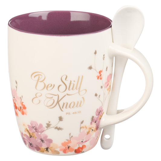 Be Still &amp; Know Purple Floral Ceramic Coffee Mug with Spoon - Psalm 46:10
