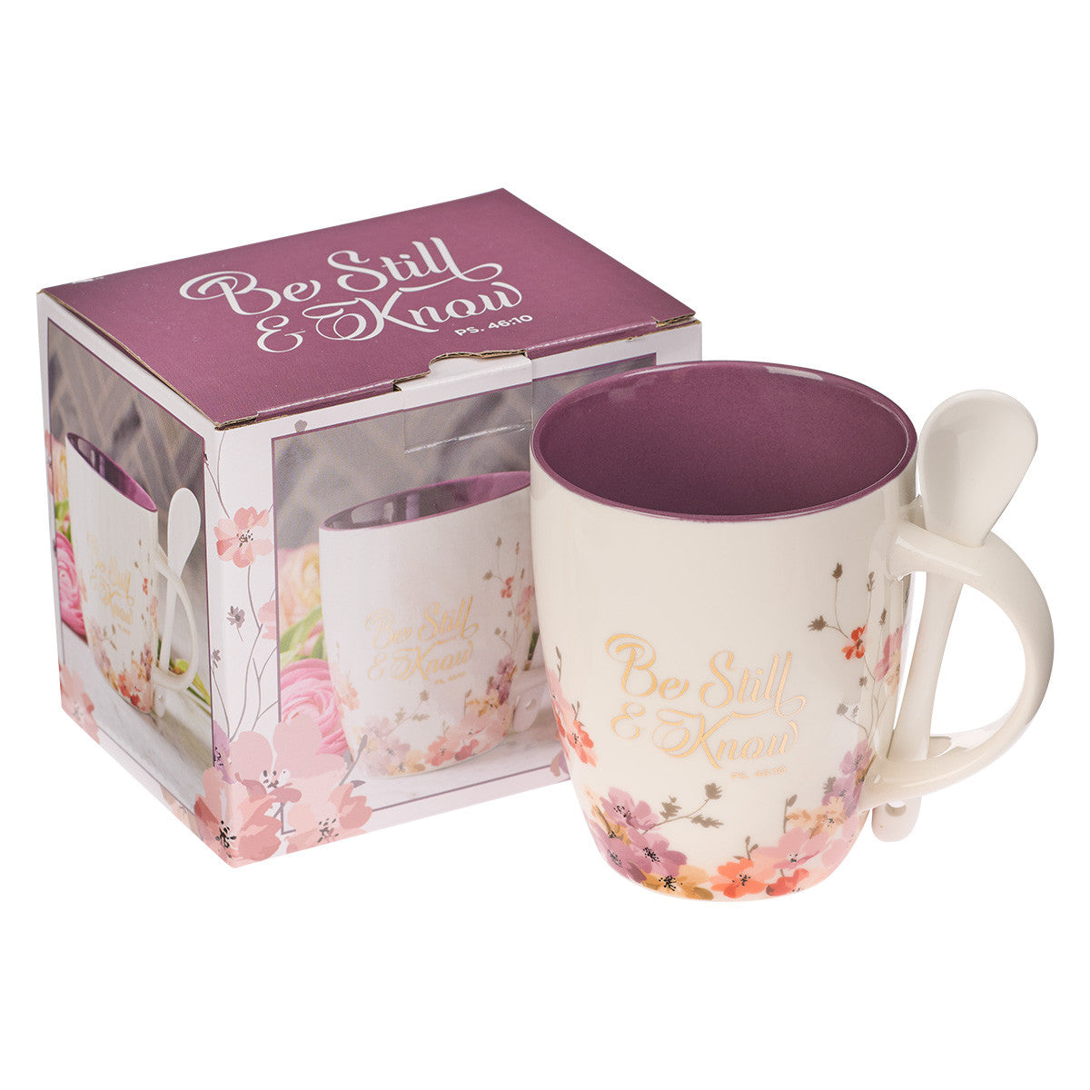 Be Still &amp; Know Purple Floral Ceramic Coffee Mug with Spoon - Psalm 46:10