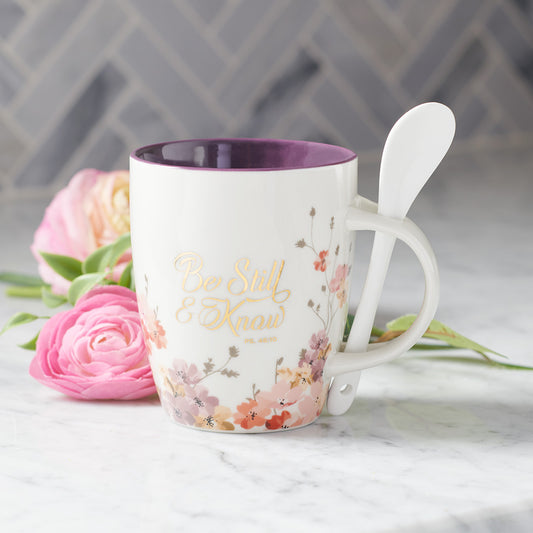 Be Still &amp; Know Purple Floral Ceramic Coffee Mug with Spoon - Psalm 46:10