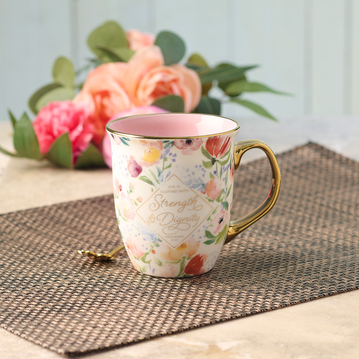 Strength and Dignity Pastel Floral Ceramic Coffee Mug - Proverbs 31:25