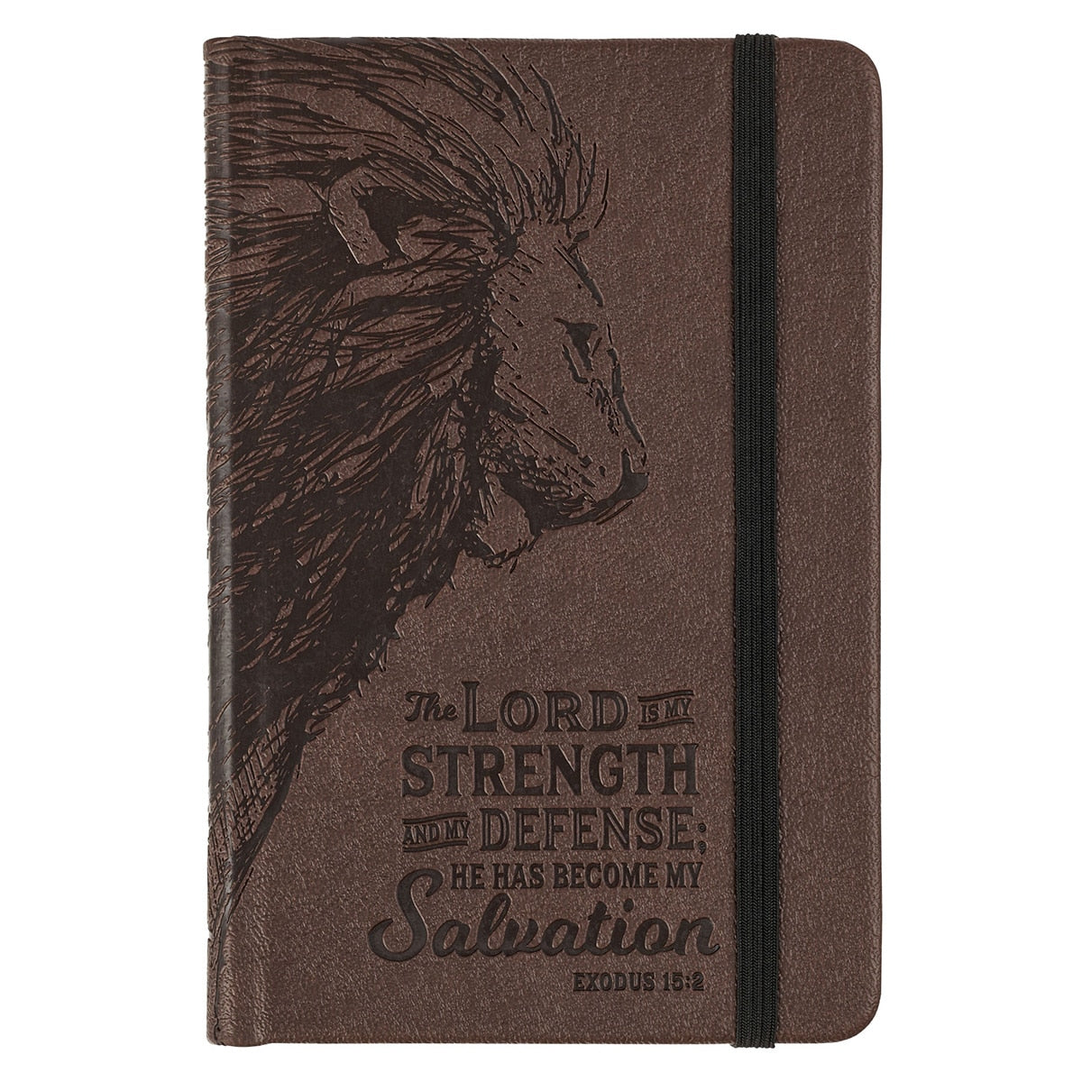 Strength and Defense Lion Walnut-Brown Faux Leather Hardcover Notebook with Elastic Band Closure - Exodus 15:2