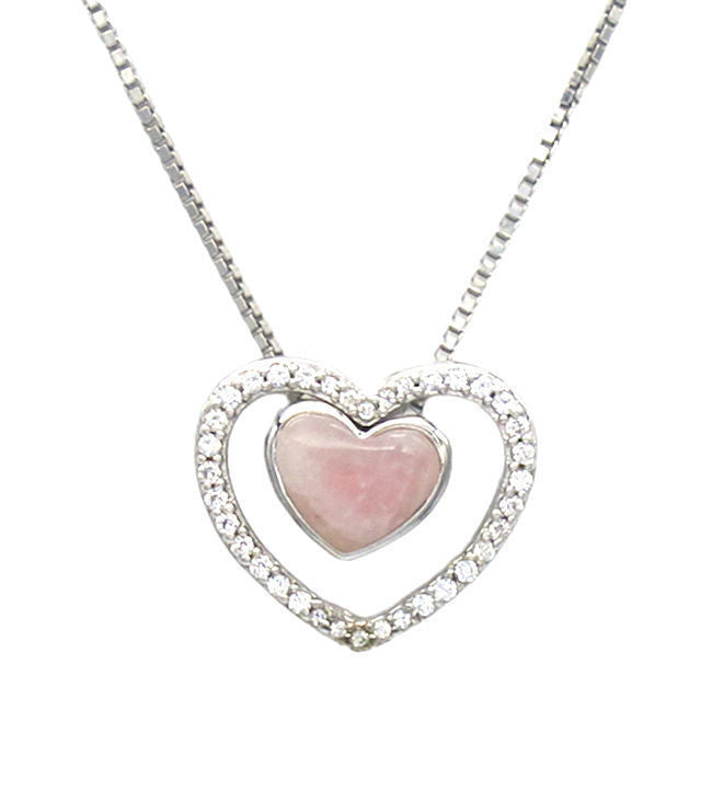 Pink Rose Quartz and CZ with 925 Sterling Silver, 2-in-1 Combination Heart Necklace