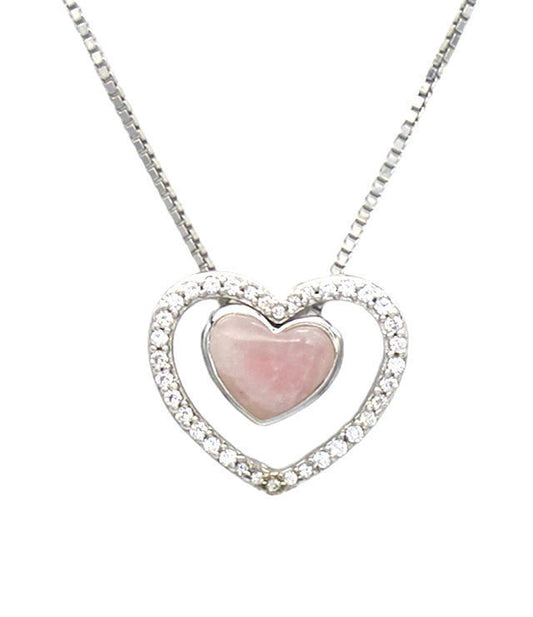Pink Rose Quartz and CZ with 925 Sterling Silver, 2-in-1 Combination Heart Necklace