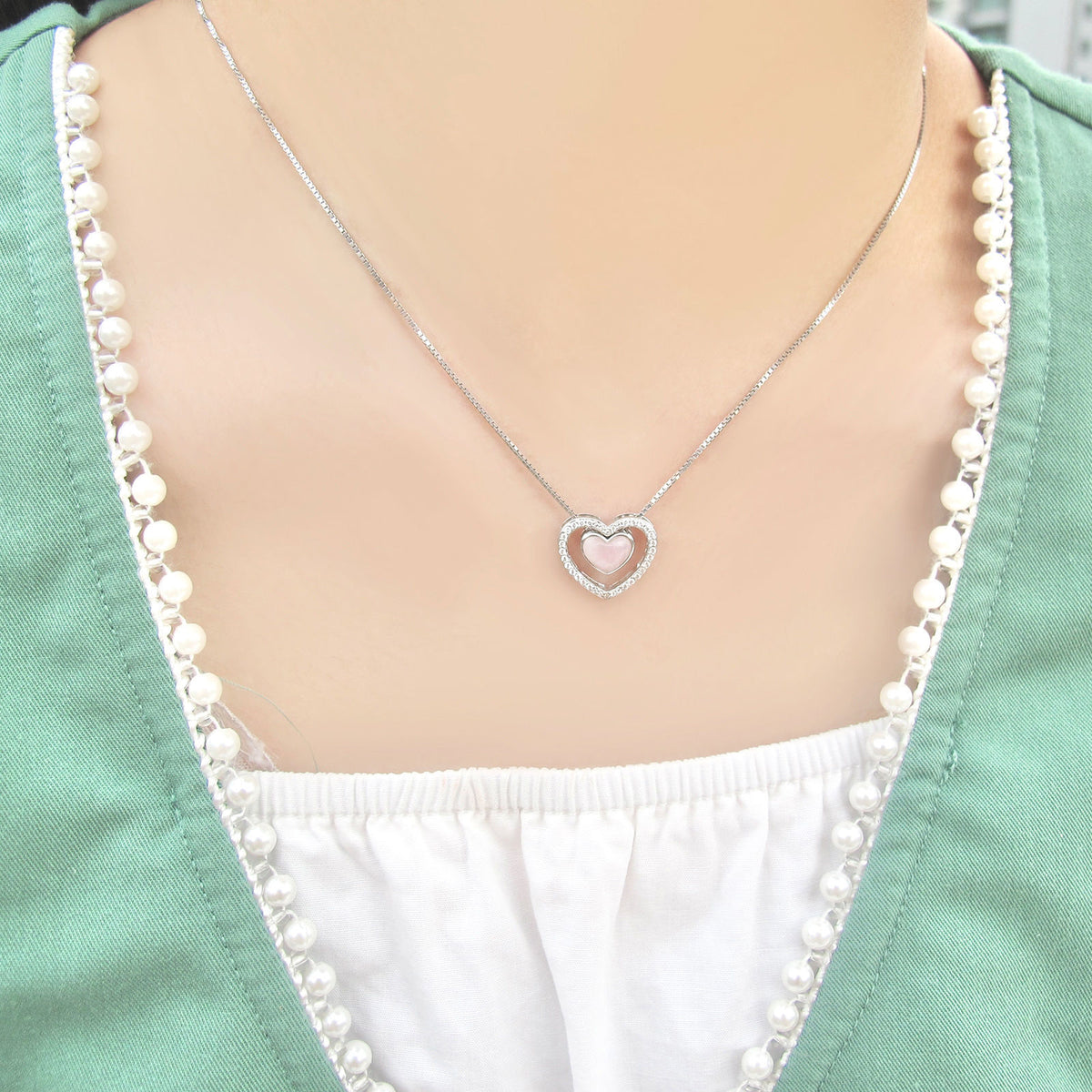 Pink Rose Quartz and CZ with 925 Sterling Silver, 2-in-1 Combination Heart Necklace