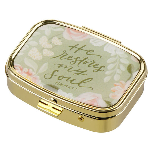 He Restores My Soul Green Floral Pill Case - Psalm 23:3