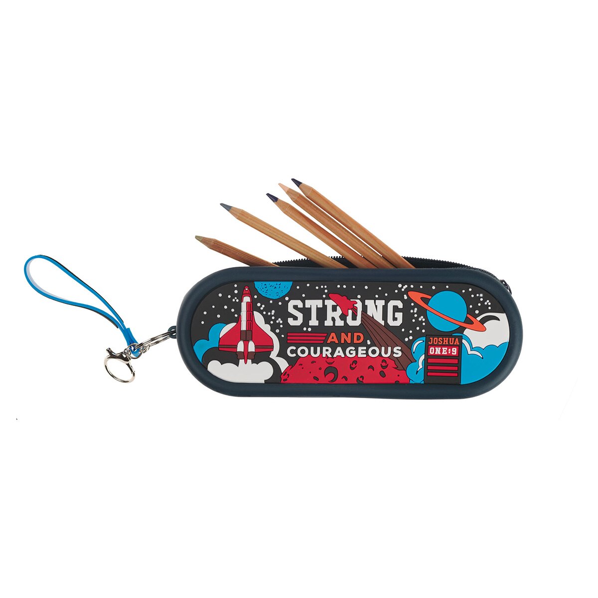 Strong and Courageous Navy Silicone Pencil Case - Joshua 1:9